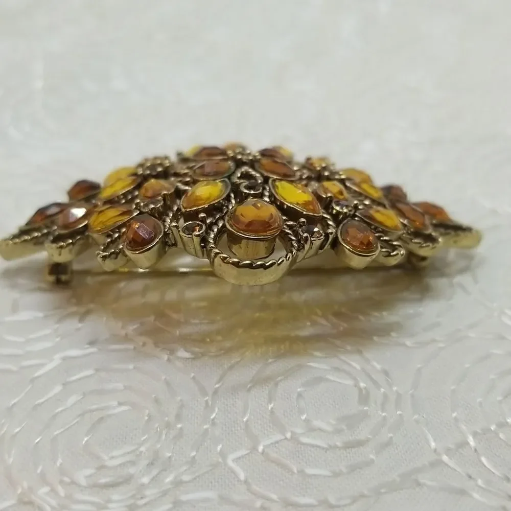 Monet Brooch Pin Crystal Brown  Gold Teardrop Round Oval Twisted Gold Brooch Pin